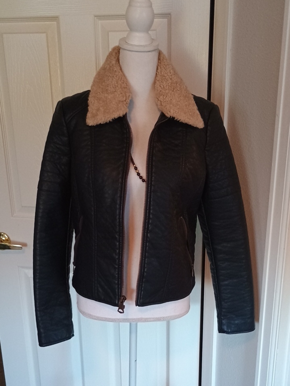 Andrew Marc Black Faux Leather Jacket with Tan Sherpa Collar